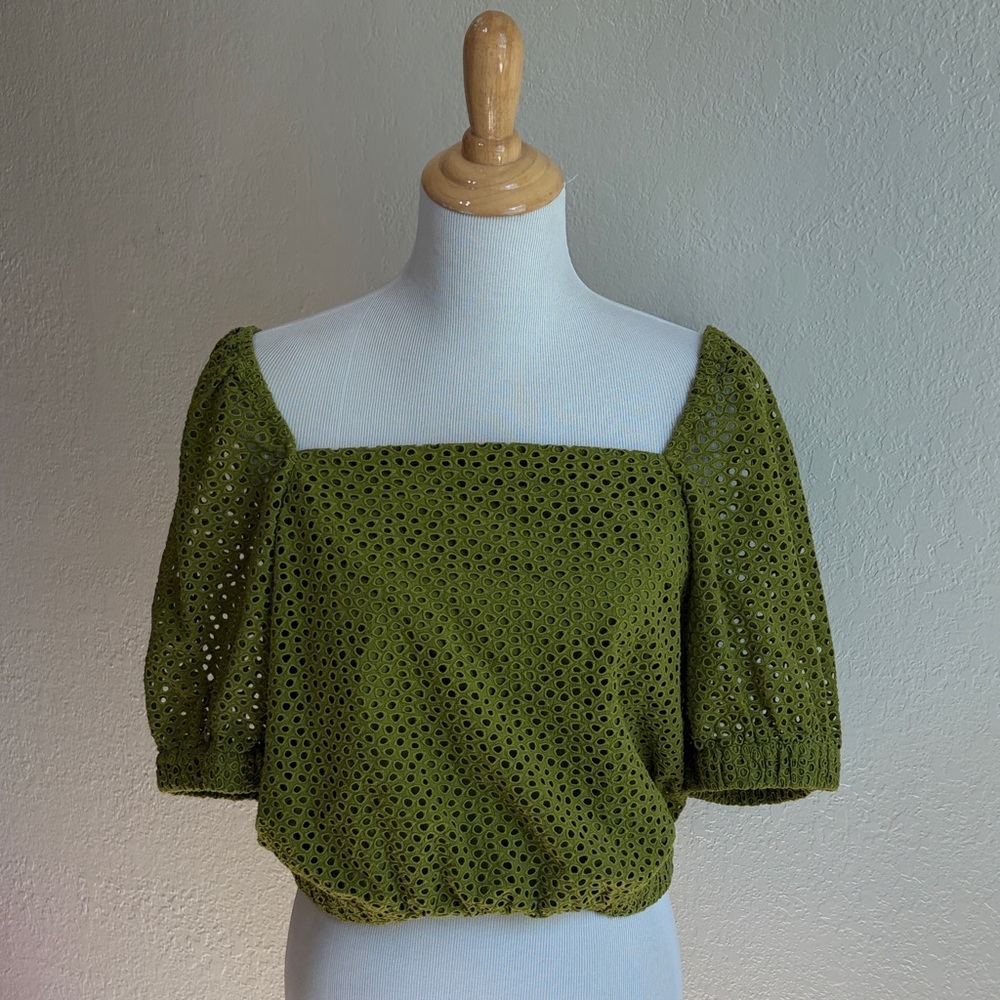 Everlane Olive Eyelet Puff Sleeve Blouse